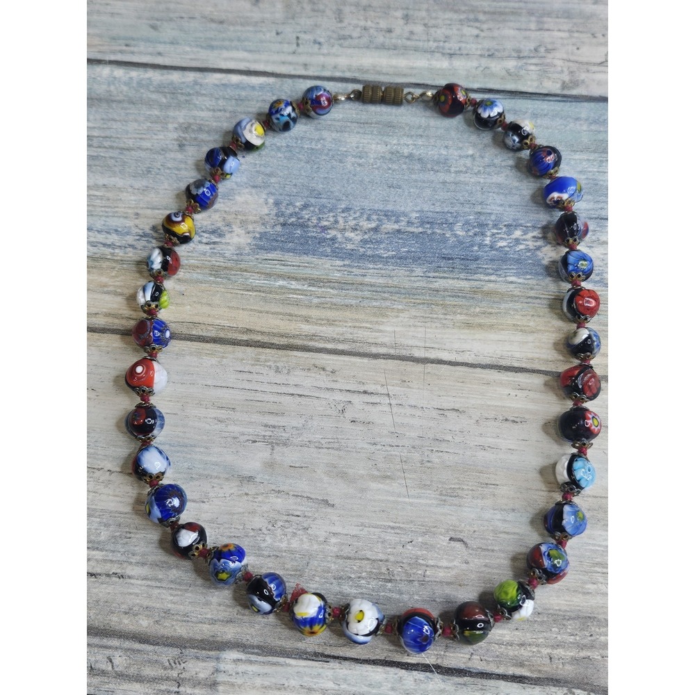 VTG Venetian Millefiori Murano Italian Glass Bead Necklace Choker 15"
